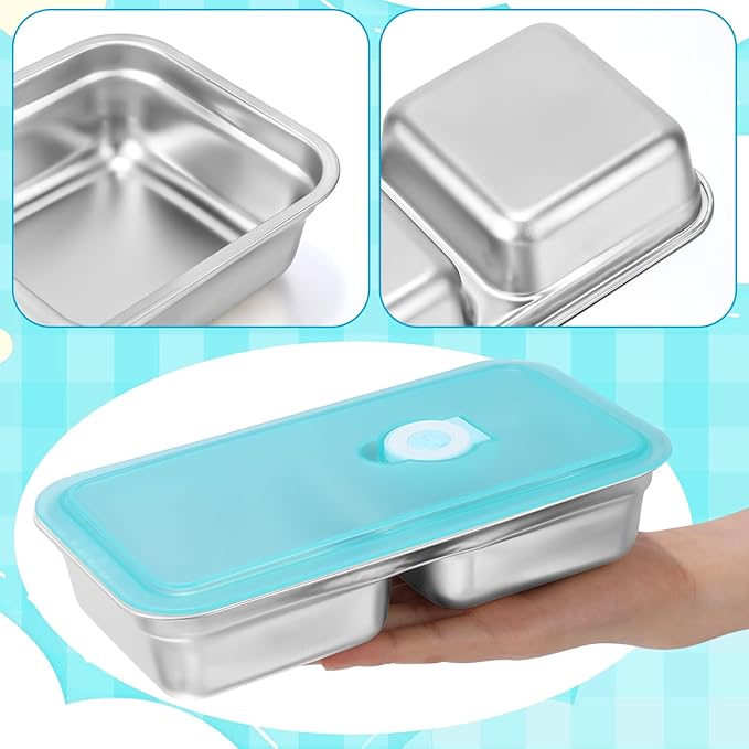 Teenyyou 6 Pcs Stainless Steel Snack Containers 30 oz 2-compartment Meal Prep Containers Reusable Metal Divided Bento Box with Silicone Lids Leakproof Lunch Box Dishwasher Safe (Blue)