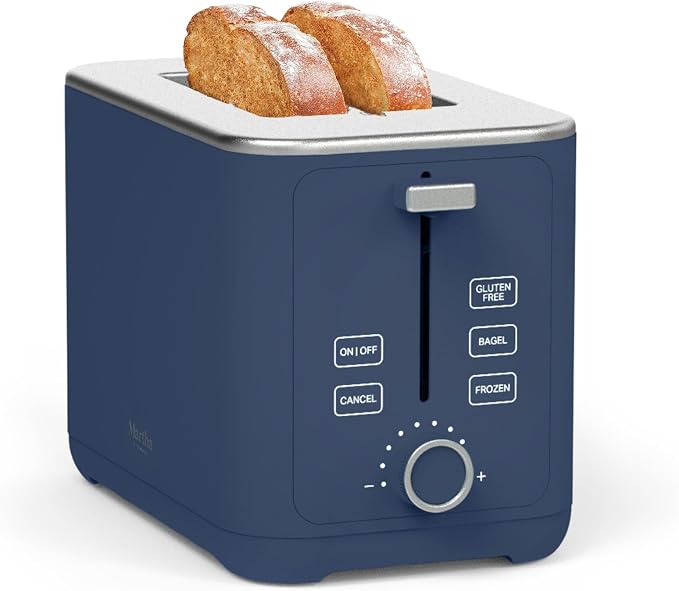 Martha Stewart 2 Slice Toaster, 10 Shade Settings with Defrost, Cancel, Bagel & Gluten-Free, Extra-Wide Self-Centering Slots for Waffles & Artisan Bread, Removable Crumb Tray, Cord Wrap, Indigo Blue