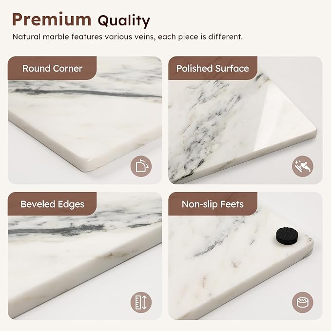 Diflart Marble Cutting Board for Kitchen Ink White 16x16 Inch Non-Slip Feet | Natural Stone Slab Pastry Board for Baking, Cheese, Service, Charcuterie, Dough, Chocolate, Pack of 1 Piece