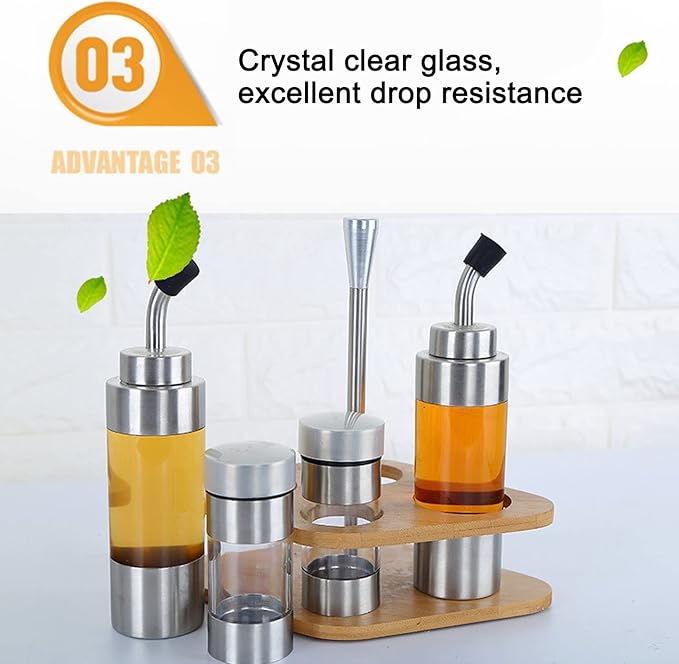 4-Pack Stainless Steel Kitchen Dispenser Set with Wooden Holder - Precision Olive Oil, Vinegar, Salt & Pepper Bottles for Home & Restaurants