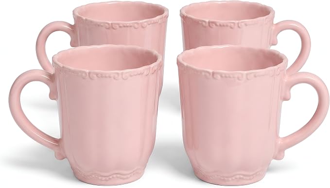 SANGO Bethany Pink Mugs Set of 4, 15 oz Stoneware Pink Coffee Mugs, Vibrant Ceramic Drinkware for Coffee, Tea or Cocoa, Durable Everyday Cups, Dishwasher & Microwave Safe, Kitchen Mug Set
