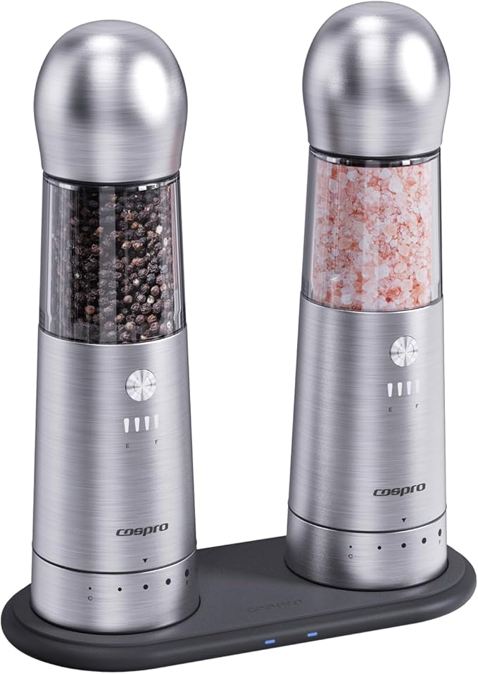 COSPRO Electric Salt and Pepper Grinder Set of 2 – Rechargeable Stainless Steel Mills with Qi-Wireless Charging Base | One-Hand Operation | Adjustable Coarseness | Easy Clean | Automatic Spice Grinder