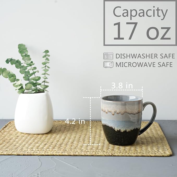 Bosmarlin Ceramic Coffee Mug Set of 4, 17 Oz, Coffee Cups with Big Handle, Microwave Safe, Unique Reactive Glaze (17 Oz, Grey)