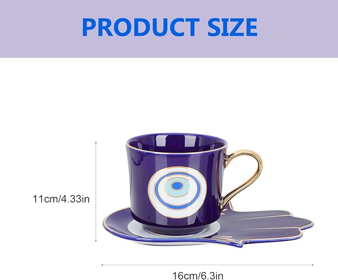 Luxshiny Evil Eye Coffee Cups Set: Turkish Blue Eye Espresso Cup Water Milk Mug Amulet Protection Tea Cup with Hamsa Hand Saucer Plate for Drinks Latte Lucky Decor Blue