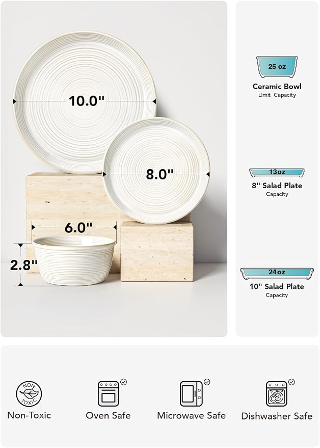 LE TAUCI Ceramic Plates and Bowls Set for 4, 12-Piece Ceramic Dinnerware Set, Farmhouse Dishes Set, Microwave & Dishwasher Safe, Stackable,12-Piece, Arctic White (10" Dinner+8" Salad Plates+6" Bowls)