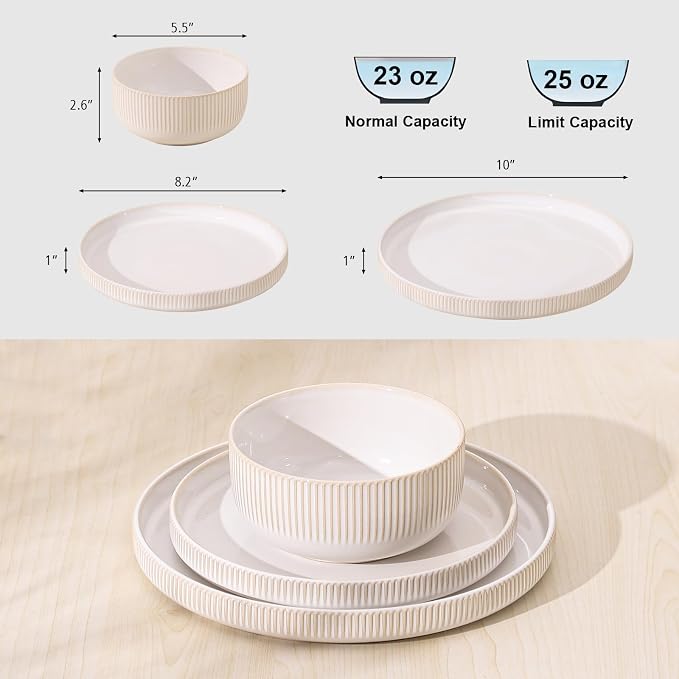 Frewinky Stoneware Dinnerware Sets for 4,12 Piece Kitchen Plates and Bowls Set,Reactive Glaze Porcelain Dinnerware Sets Scratch Resistant,Dishwasher and Microwave Safe, Cappuccino White