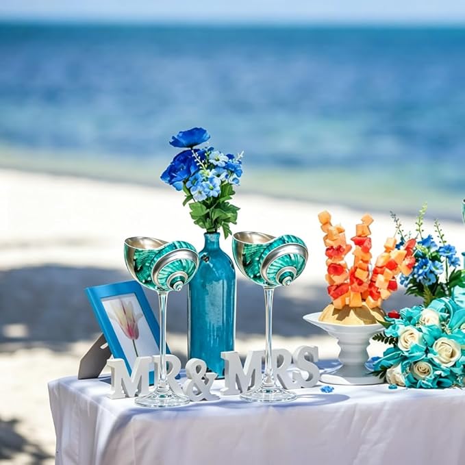 LYFJMUS 2 Pcs Seashell Wine Glasses Wedding Wine Glasses Conch Cup Martini Cocktail Glass Cup for Birthday Wedding Beach Bridesmaids Anniversary Party (Green+White, 6.3inch)
