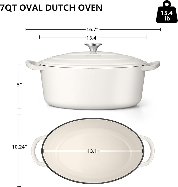TeamFar 7QT Oval Dutch Oven, Enameled Cast Iron Dutch Oven Pot with Lid, For Bread Baking/Stewing/Braising/Frying, Suitable for Various Stoves, Non-stick & Easy Clean, White