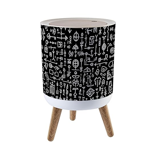 Trash Can with Lid Futhark Norse islandic Seamless Magic Hand Press Top Round Small Garbage Bin with Wooden Legs Waste Basket for Kitchen Bedroom Nursery 7L/1.8 Gallon