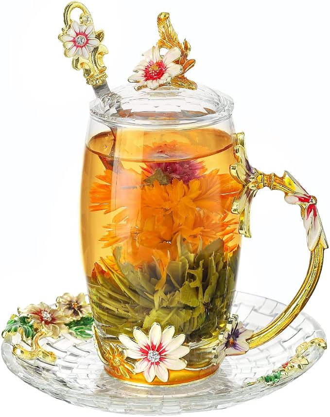 Glass Coffee Mug Christmas Gift Sunflower Daisy Tea Cup with Lid Saucer Mother's Day Birthday Gift for Women Unique(12oz Daisy)