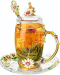 Glass Coffee Mug Christmas Gift Sunflower Daisy Tea Cup with Lid Saucer Mother's Day Birthday Gift for Women Unique(12oz Daisy)