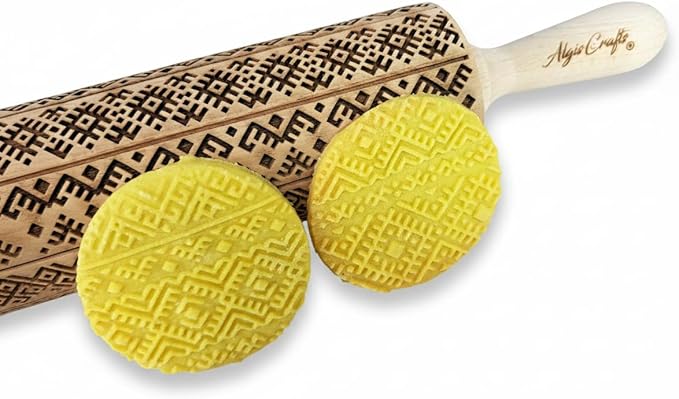 ETHNO RIBBON embossed rolling pin. Engraved dough roller with ethnical pattern for embossed cookies