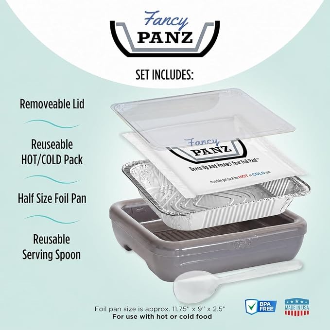 Fancy Panz Platinum Premium Aluminum Foil Pan Carrier with Secure Latch Lid & Hot/Cold Gel Pack - Made in USA Reusable Casserole Carrier for Half Size Pans - Food Transport Holder for Entertaining