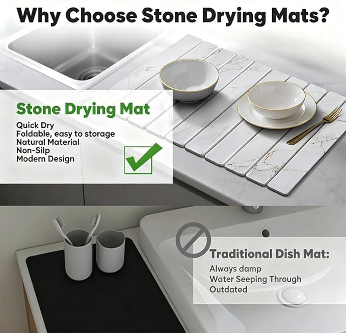 Stone Drying Mat for Kitchen Counter, Quick Diatomaceous Earth Mats for Dishes, 23.6"L x 15.7" W Super Absorbent Fast-Drying Collapsible Countertop Stone Mat (Marble Gold White, 24" x 16")