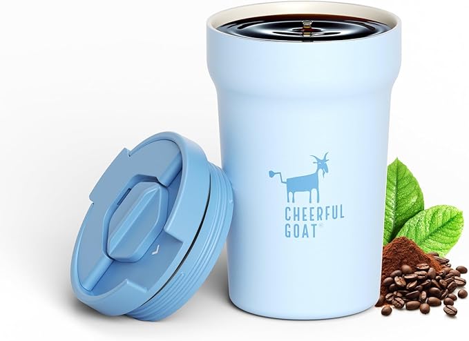 CHEERFUL GOAT Ceramic Lined Coffee Mug – Stainless Steel Travel insulated Tumbler with Ceramic Liner, with lid, 12oz Leak proof Cup for Hot and Cold Water Coffee at Home, Office, or On the Go (Blue)
