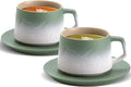 ZENS 8 Ounce Artistic Cappuccino Cups Set of 2, Embossed Ceramic Coffee Mug with Saucers for Latte Art, Moss Green & White