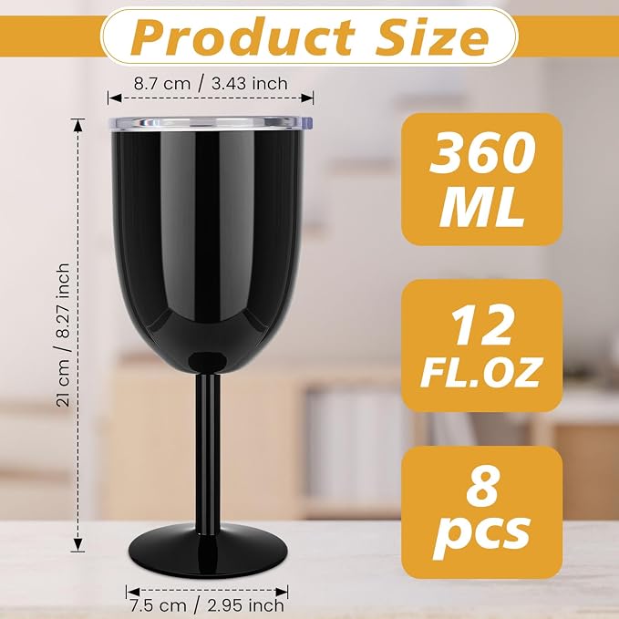 Yinder 8 Pcs Stemmed Stainless Steel Wine Glasses, 12 oz Stainless Wine Goblet with Lids Double Wall Insulated Unbreakable Goblets Insulated Stem Tumbler for Friendship Birthday Party (Black)