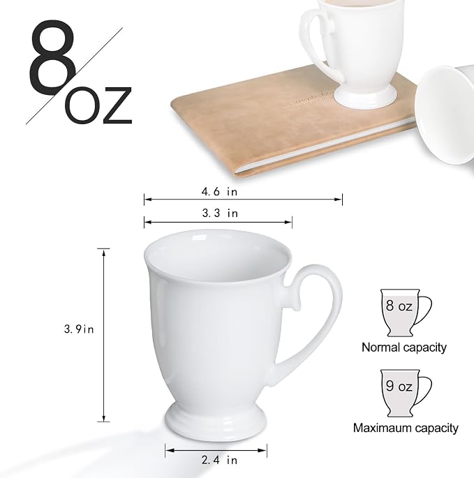 Luxury Fine Bone China White Coffee Mugs Set of 6 (8 oz), Ceramic Euro Style Tea Cups, Elegant Durable Coffee Cups Set for Gifts, Women, Men, Mom, Dad, Wedding