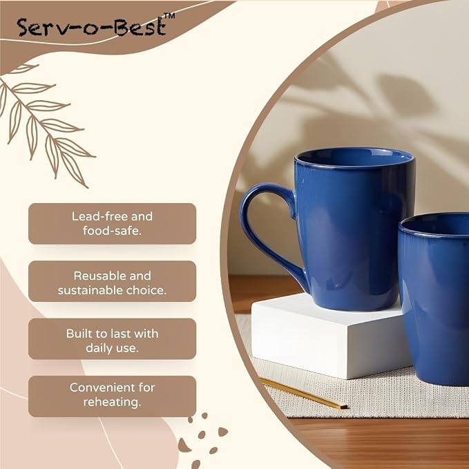 Servo Best Blue Coffee Mugs 12 oz, Set of 6 Blue Radiant Ceramic Mugs - Lead & Toxic Free, Dishwasher & Microwave Safe, Perfect for Home & Office Use