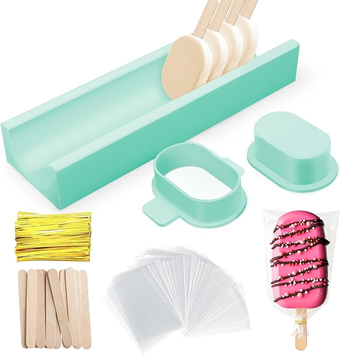 3 Inch Cakesicle Cutter and Cake Pop Mold Set with 8.7in Tray, 100 Wooden Sticks & 100 Bags, Silicone Cakesicle Mold for Homemade Cake Pops, Baking, Birthdays and Party Desserts (Turquoise)