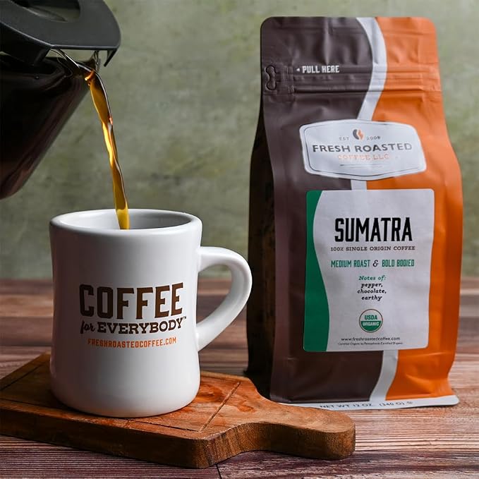 Fresh Roasted Coffee, Organic Sumatra Whole Bean Coffee, Medium Roast, USDA Organic, 100% Single Origin, Kosher, 12 oz
