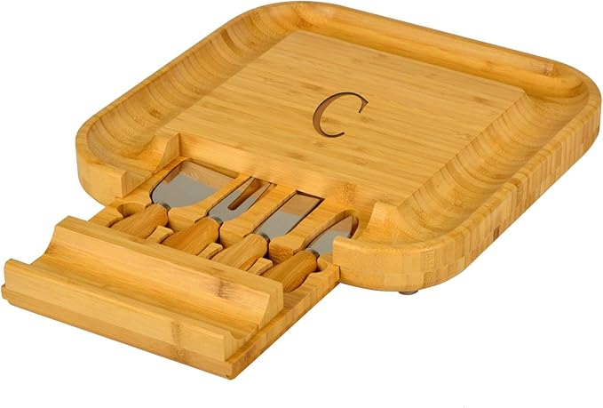 Picnic at Ascot Personalized Monogrammed Engraved Bamboo Cutting Board for Cheese & Charcuterie with Knife Set & Cheese Markers- Designed & Quality Checked in USA