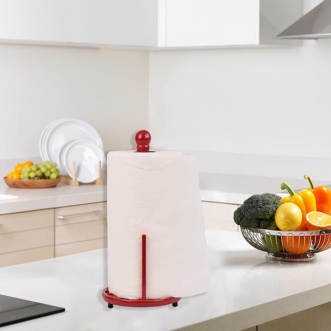 Red Cast Iron Paper Towel Holder for Kitchen Countertop - Vintage Freestanding Stand with Heavy Weighted Base, Retro Farmhouse Decor, Fits Jumbo Rolls, Easy One-Handed Tear