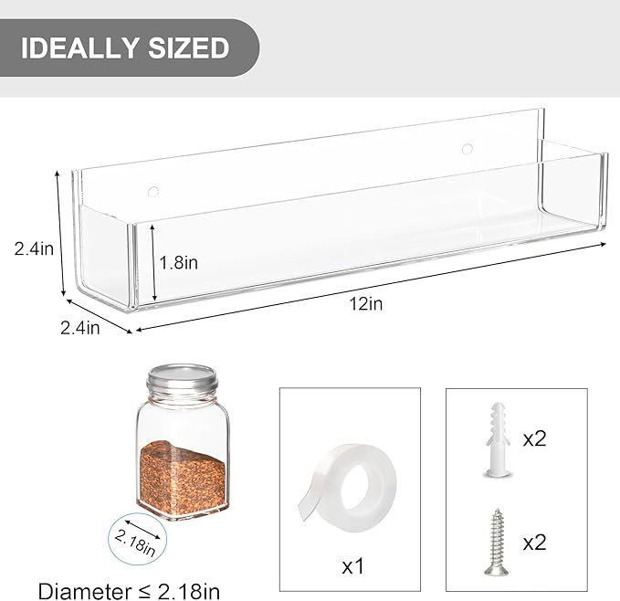 PMMASTO Adhesive Acrylic Spice Rack Organizer for Wall with 2 Nano Double Sided Tape, Spice Shelf Organization for Kitchen Cabinet Door/Pantry Door, Wall Mount Seasoning Rack (Clear-4 Pack)