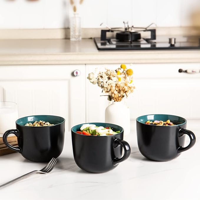 AmorArc 24 oz Soup Mugs with Handles, Jumbo Ceramic Bowls Mugs Set with handles for Coffee Cereal Cappuccino Snacks, Microwave&Dishwasher safe Soup Cups for Meal-Green