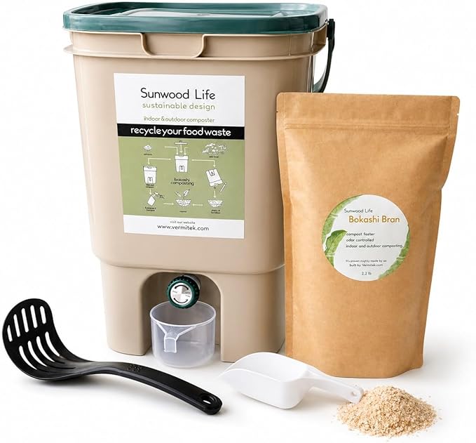 Indoor Bokashi Composter Starter Kit- Beige, 2.2 lb Premium Bokashi Bran Included, Easliy Turn Your Kitchen Wastes into Nutrition for Your Garden Soil