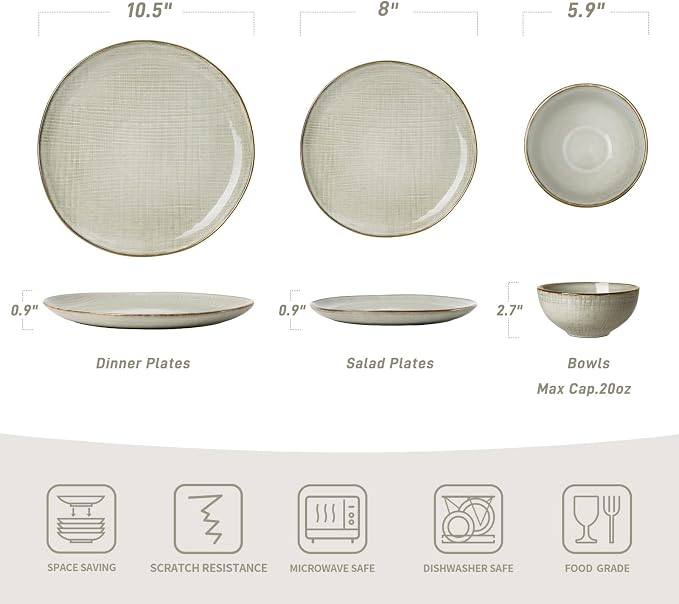 Famiware Moonlight Plates and Bowls Sets, 12 Pieces Stoneware Dinnerware Sets with Linen Finish, Handmade Dishware Set for 4, Microwave and Dishwasher Safe, Chip and Scratch Resistant, Summer Sand