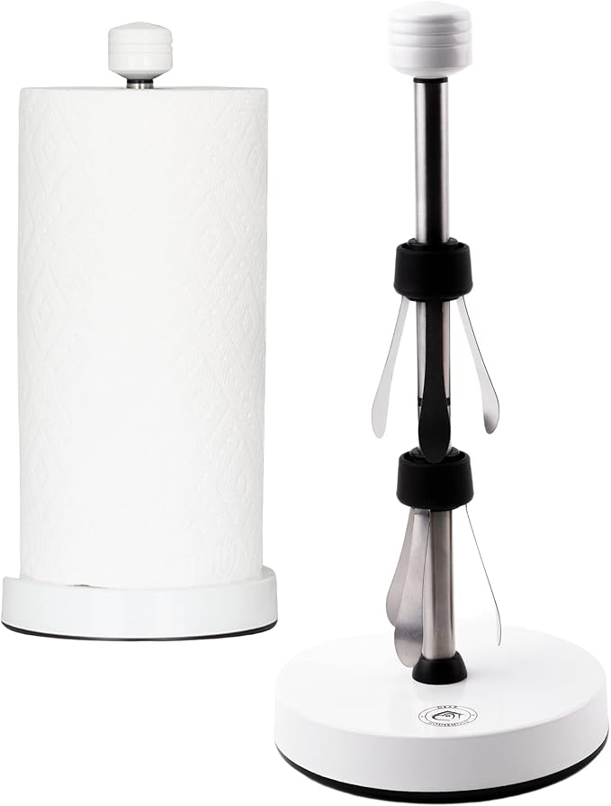 Heavy-Duty Stainless Steel Paper Towel Holder - Easy One-Handed Tear with Suction Cups - Modern Weighted Standing Countertop Dispenser for Kitchen - Holds All Paper Towel Rolls, White
