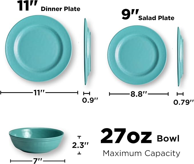 TP 12-Piece Melamine Dinnerware Sets, Plates and Bowls Dishes Set for 4, Break-Resistant & Non-Microwavable, Lightweight Dinner Plates, Teal