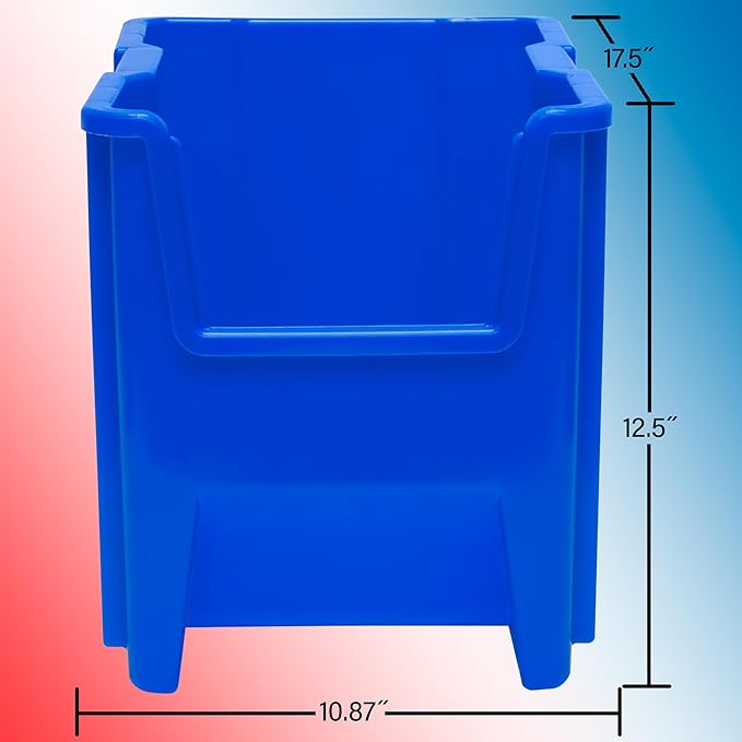 Akro-Mils 13014 Stak-N-Store Heavy Duty Stackable Open Front Plastic Storage Container Bin, (17-1/2" x 11" x 12-1/2"), Blue, (4-Pack)