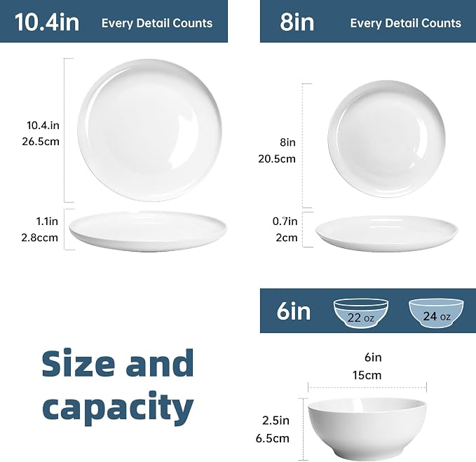 Anveena Dinnerware Set for 4, 12 Piece Plates and Bowls Set, White Porcelain Dish Set Microwave Safe Dishwasher Safe Chip Resistant for Everyday Dining