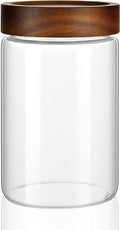 28 fl oz/850 ml Clear Glass Storage Canister with Airtight Wooden Screw Lid, Medium Cute Decorative Glass Container Jar for Coffee,Candy,Salt,Cookie,Condiment,Pepper,Sugar,Overnight Oatmeal