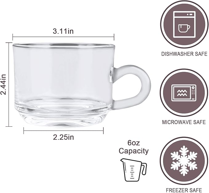 Clear Coffee Mug With Handle 6 oz, Glass Tea Latte Cappuccino Mug Set of 12 - Premium Clear Glass Coffee Cups, Tea Mugs for Hot & Cold Beverages, Perfect for Espresso, Latte, Cappuccino, Tea & More