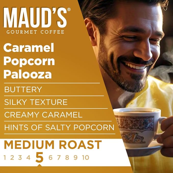 Maud's Caramel Popcorn Flavored Coffee Pods, 18 ct, Medium Roast Flavored Coffee in Single Serve Pods – 100% Arabica Beans, Compatible with Keurig K Cups Maker