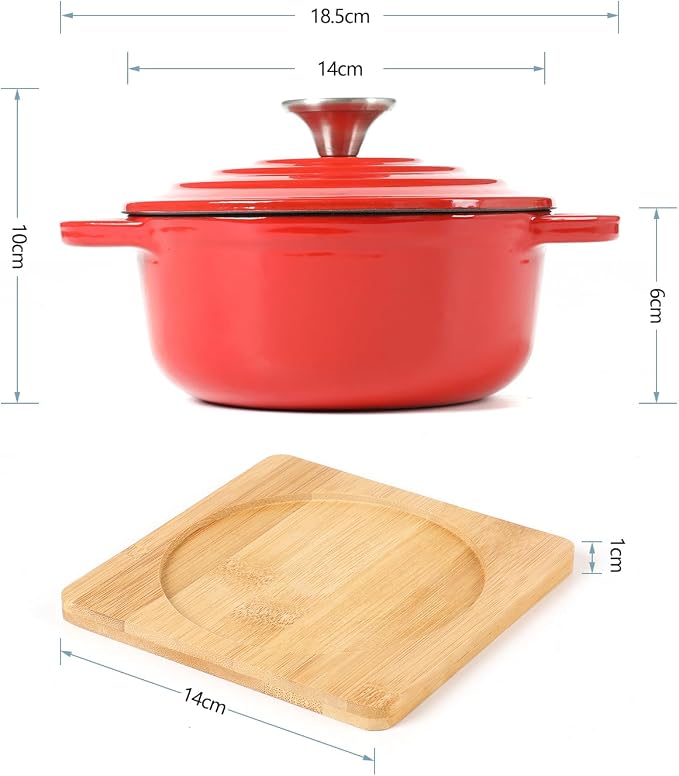 HAWOK Enameled Cast Iron Mini Dutch Oven, Dia5.51”, 23oz, with Bamboo Tray, Set of 2, Red