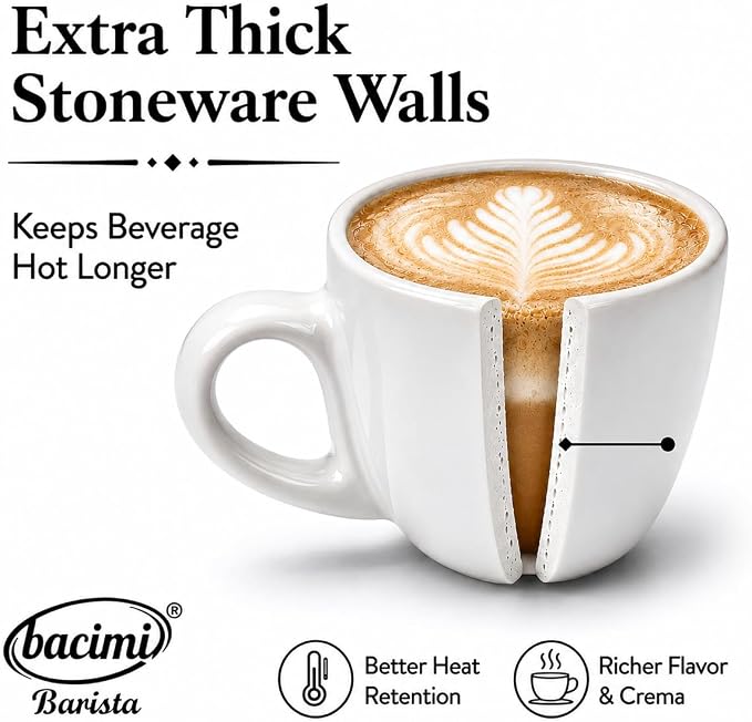 Bacimi® Cappuccino Cups and Saucers Set of 4 – 8.7oz Thick Barista Style Stoneware Cups - Blue Glaze Classic Italian Design - Ceramic Cups For Cappuccino, Latte, Tea – Dishwasher & Microwave Safe