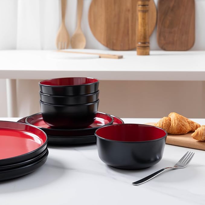 12-piece Dinnerware Sets Service for 4 - Dinner Plate, Dessert Plates, Cereal Bowls, Lightweight Melamine Plates and Bowls Sets, RV, Kitchen Dishes for Outdoor Use, Red and Black