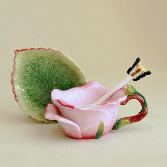 Ceramic Tea Cup and Saucer Set ，6OZ 3D Hand-Painted Flower and Lotus Leaf Coffee Mug，Gift for Women- Pink Rose