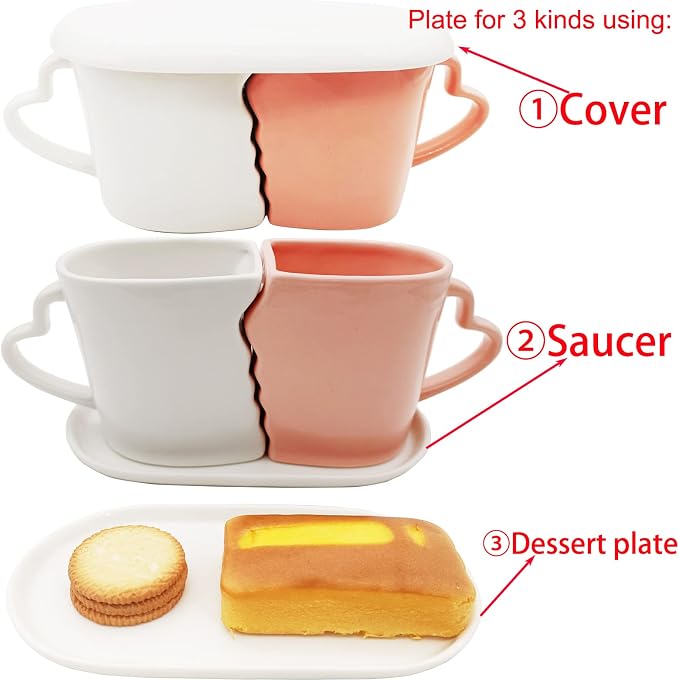Large Kissing Mugs Set 16oz Kiss Couples Two Coffee Cups with Saucer Love Gifts for Anniversary, Wedding, Valentines, Birthday, Engagement, Lovers Household Tableware White Pink Ceramic