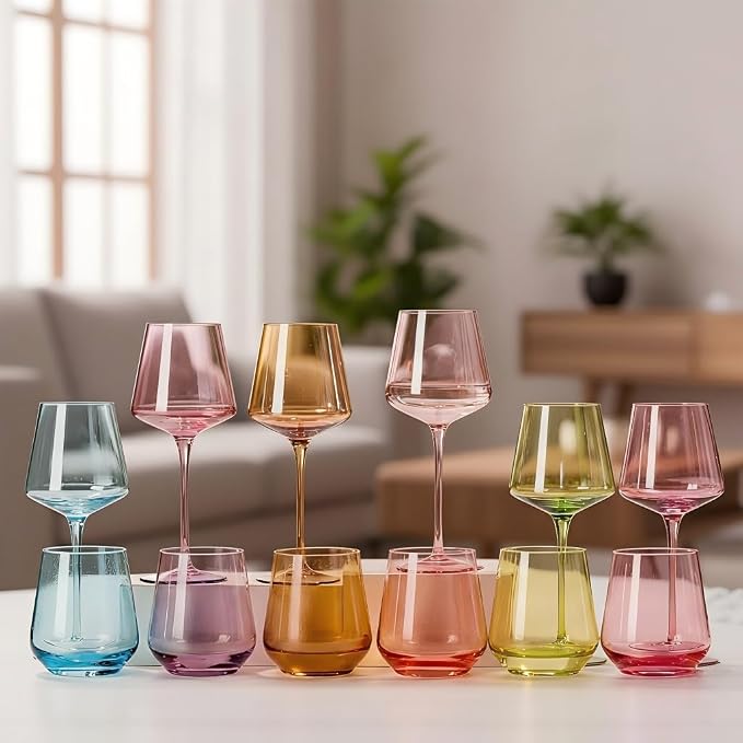 Physkoa Colored Wine Glasses Set 6-16oz Colorful Wine Glass With Tall Long Stem&Flat Bottom,Colored Stemmed Wine Goblet, Wine Gifts for Women Mom Wife Friend