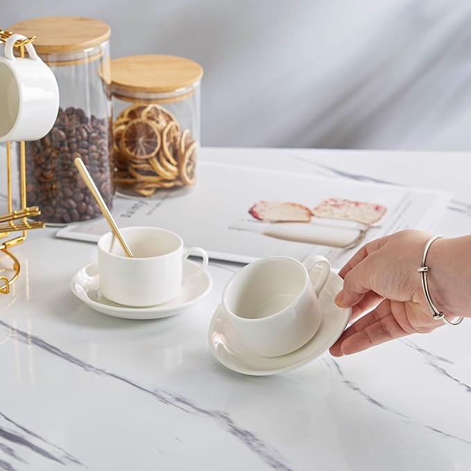 YOLIFE Espresso Cups with Saucers Set and Gold Metal Stand, 2.5oz Expresso Shots Cup with Stand & Saucers, Ceramic Coffee Espresso Cups Set of 6, White