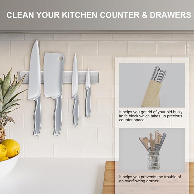 Ninonly 10 Inch Magnetic Knife Strip, Premium Stainless Steel Wall Mounted Kitchen Knives Bar,Space-Saving Powerful No Drilling Magnetic Knife Rack for Home Kitchen Utensil Holder & Tool Holder