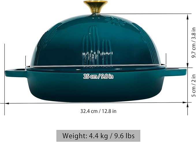 Flavehc Bread Oven Cast Iron Bread Dutch Oven with Cloche Lid for Bread Baking Darkcyan Enameled Cast Iron Bread Oven with Dome Lid for Sourdough, 9.8 Inches