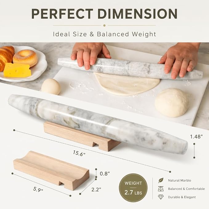 Marble French Rolling Pin, Non-Stick Polished Dough Roller, Pasta, Dumpling, 15 inch Kitchen Baking Tool for Baking with Wooden Resting Base(Bianco Palomino)