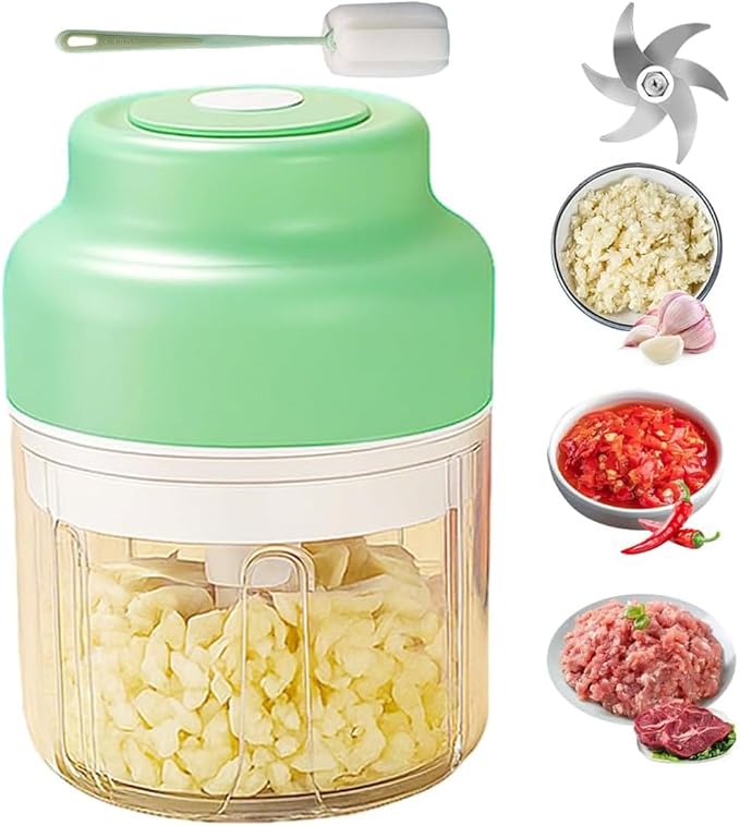 Household Electric Garlic Crusher 250ML/320ML, Silent USB Rechargeable Mini Food Processor, One-Touch Operation for Chopping Garlic, Onion, Chili & Vegetables, Portable Kitchen Helper (Green, 320ML)
