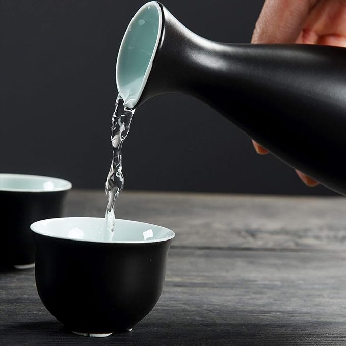Ceramic Sake Set with Warmer Pot Tray, Stovetop Porcelain Pottery Hot Saki Drink Bottle, 10pcs Set 1 Stove 1 Warming Bowl 1 Sake Bottle 1 Tray 6 Cup Keep Sake Storage Box (Black)